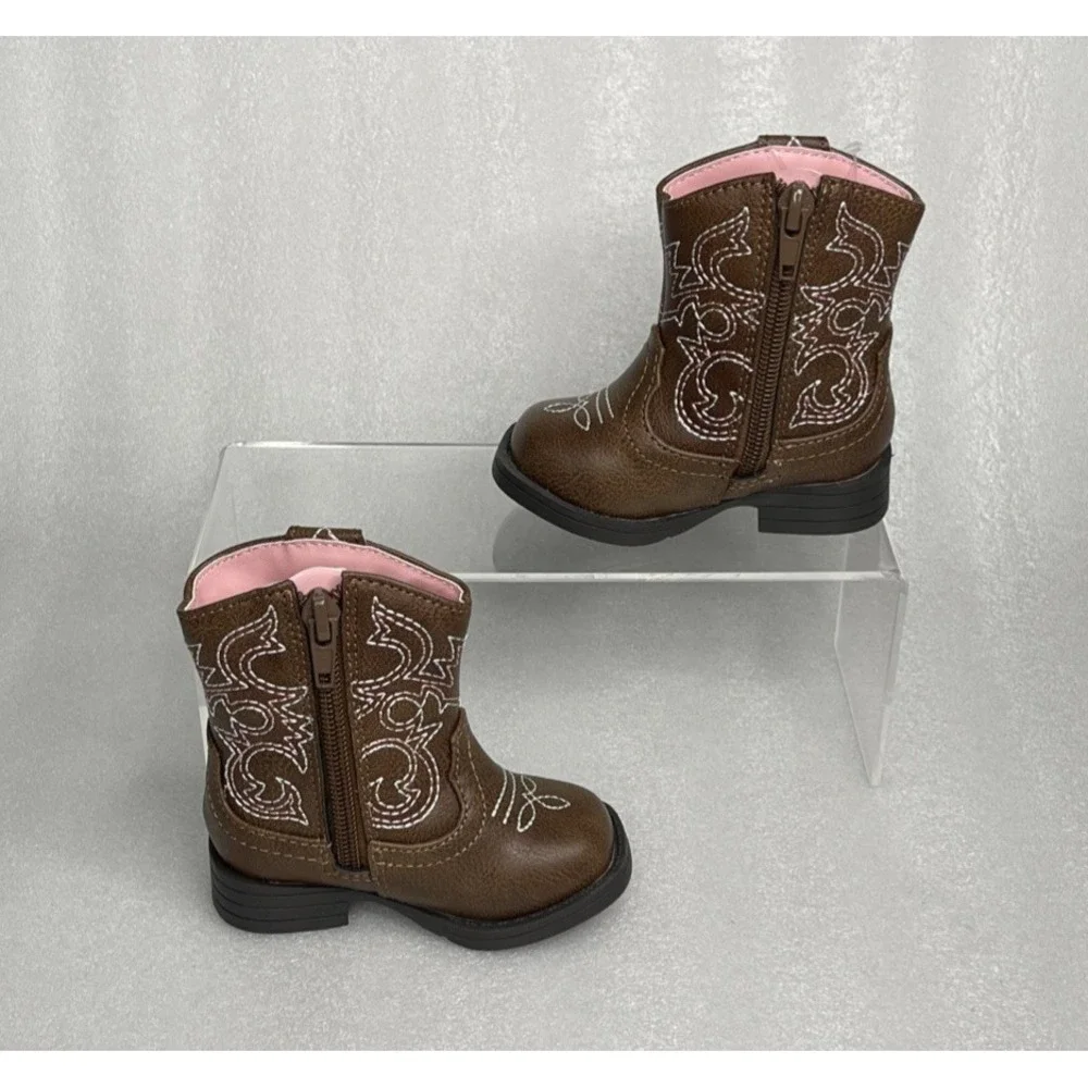 Wonder Nation Brown Zip up Square Toe Cowboy Cowgirl Boots Baby Girls Size 3